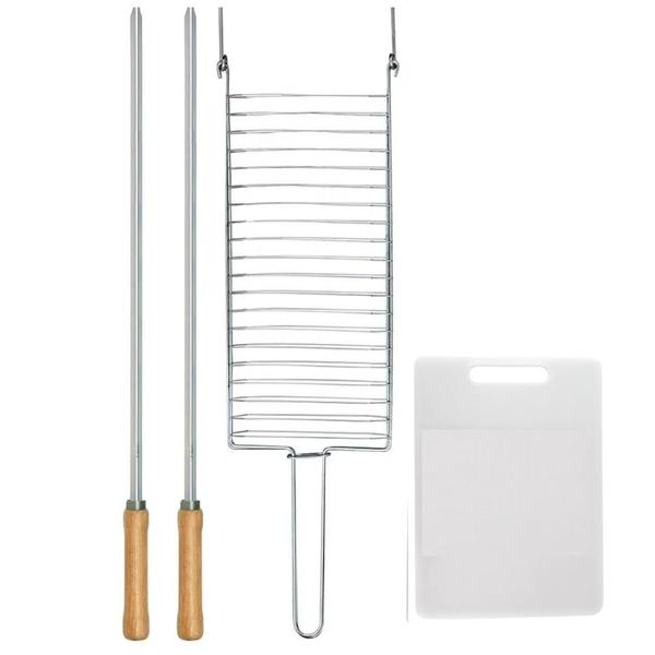 Imagem de Kit Preparo Churrasco 4pcs Churrasqueira Grelha e Espeto 55cm Simples Tabua de Corte Mor