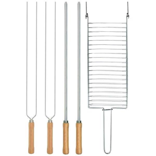 Imagem de Kit Preparo Churrasco 5pcs Churrasqueira Grelha e Espetos 65cm Simples e Duplo Cabo Madeira Mor