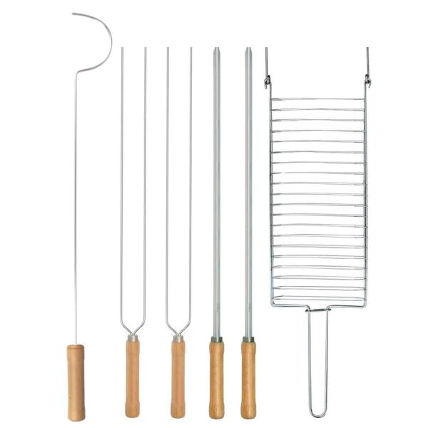 Imagem de Kit Preparo Churrasco 6pcs Churrasqueira Espetos 55cm Simples e Duplo Cabo Madeira Mor