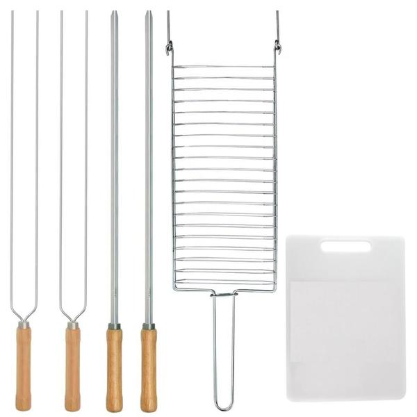 Imagem de Kit Preparo Churrasco 6pcs Churrasqueira Grelha Espetos 65cm Simples e Duplo Tabua de Corte