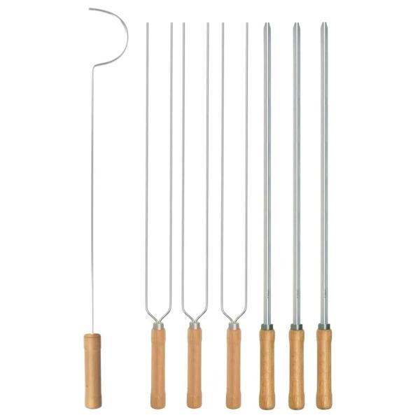 Imagem de Kit Preparo Churrasco 7pcs Churrasqueira Espetos 65cm Simples e Duplo Cabo Madeira Mor