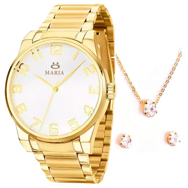 Imagem de Kit presente mãe: relogio feminino dourado elegancia inox + colar + brincos moda banhados 18k+ caixa