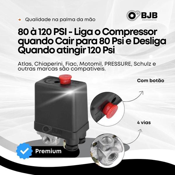 Imagem de Kit Pressostato Compressor 80-120 PSI 4 Vias + Manometro