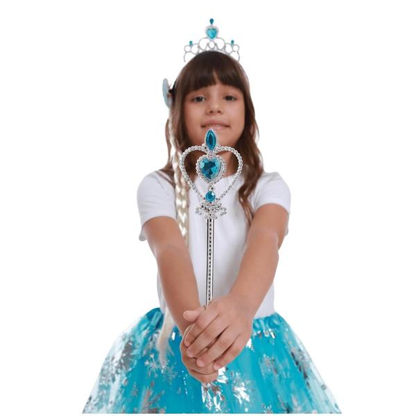 Imagem de Kit Princesa do Gelo Saia Azul com Coroa Trança e Varinha