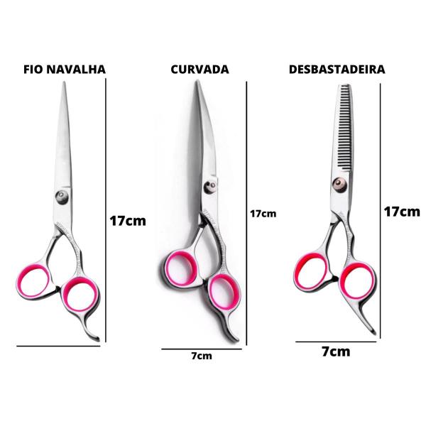 Imagem de Kit Profissional Com 3 Tesouras Desbastadeira Curvada E Reta