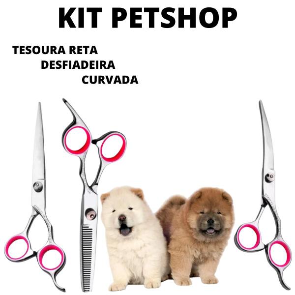 Imagem de Kit Profissional Com 3 Tesouras Desbastadeira Reta E Curvada