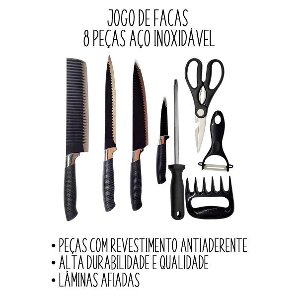 Imagem de Kit Profissional De Facas Conjunto Completo Para Churrasco Com 8 Peças Antiaderente Fio De Navalha