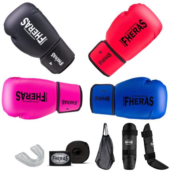 Imagem de Kit Profissional Fheras Luva Boxe Muay Thai Bandagem Bucal Caneleira E Bolsa