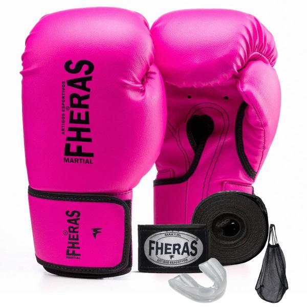 Imagem de Kit Profissional Fheras Luva Tradicional Protetor Bucal e Bandagem Boxe Muay Thai