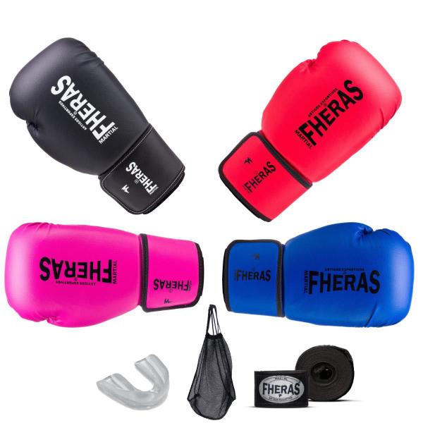 Imagem de Kit Profissional Fheras Luva Tradicional Protetor Bucal e Bandagem Boxe Muay Thai