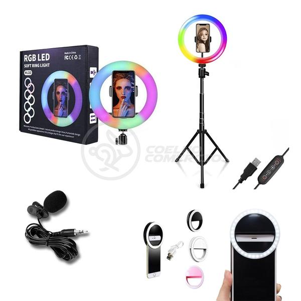 Imagem de Kit Profissional - Ring Light RGB + Tripé 1,5m + Microfone Lapela + Mini Ring Light