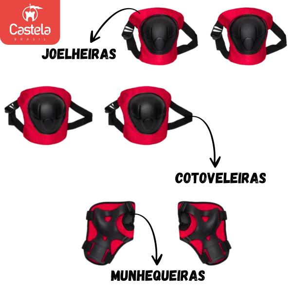 Imagem de Kit Proteção 6 Peças Patins Skate Bicicleta Vermelho Castela