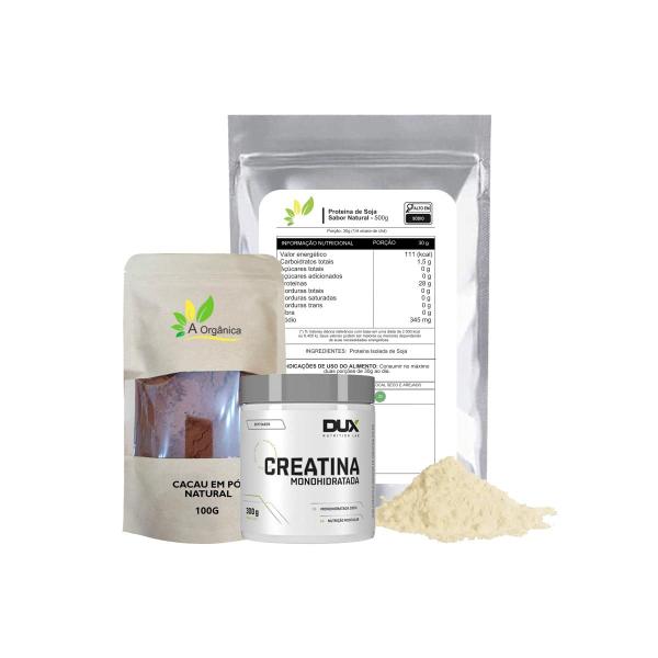 Kit: Proteina de Soja Isolada 500g, Cacau em pó 100g e Creatina 300g - A Organica Imagem de Kit: Proteina de Soja Isolada 500g, Cacau em pó 100g e Creatina 300g
