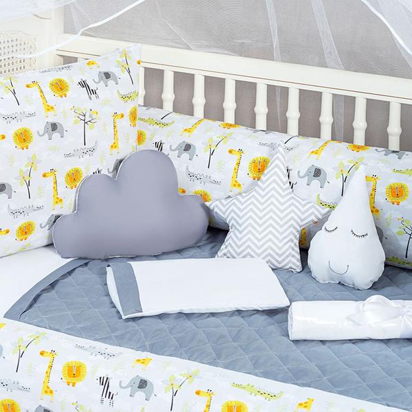 Kit Protetor Berço Animais Safari Cinza Menino e Menina Estampado 2 laterais 8 peças Sem Edredom - L2M Imagem de Kit Protetor Berço Animais Safari Cinza Menino e Menina Estampado 2 laterais 8 peças Sem Edredom