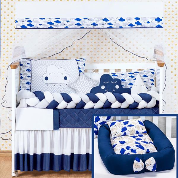 Kit Protetor Berço Completo Trançado Chuva de Amor Nuvem Marinho12 + Ninho Azul 4 peças - L2M Imagem de Kit Protetor Berço Completo Trançado Chuva de Amor Nuvem Marinho12 + Ninho Azul 4 peças