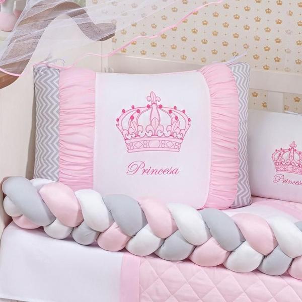 Imagem de Kit Protetor Berço Trança Menina Princesa Rosa 11 Peças