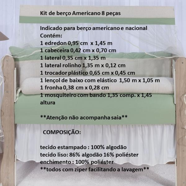 Imagem de Kit Protetor de Berço, 8 Peças, Palha com Verde, Delicado, 100% Algodão, Berço Americano e Nacional