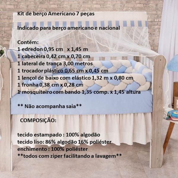 Imagem de Kit Protetor de Berço, Azul, com Trança, Menino, 7 Peças, Delicado, 100% Algodão