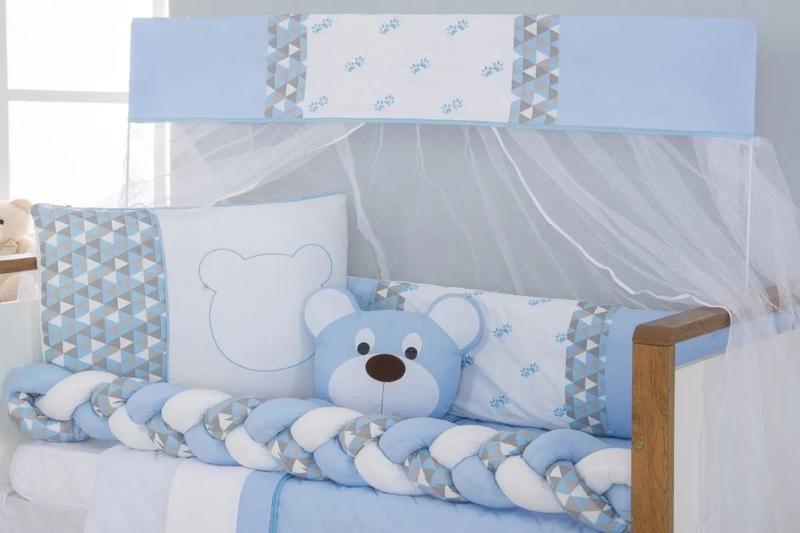 Kit Protetor De Berço Trança Urso Dengoso Bebê Azul + Ninho Redutor Com Almofada - Casa Pedro Imagem de Kit Protetor De Berço Trança Urso Dengoso Bebê Azul + Ninho Redutor Com Almofada