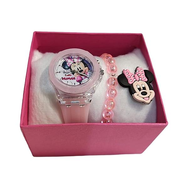 Imagem de Kit Pulseira e Relógio Analógico Infantil Led Luzes Minnie