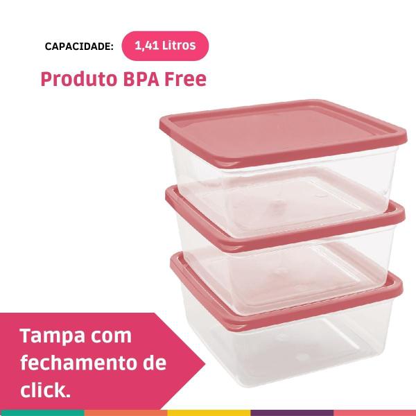 Imagem de Kit Quadrado 3 Potes Slim 1,41 Litros Multiuso Rosa Jaguar