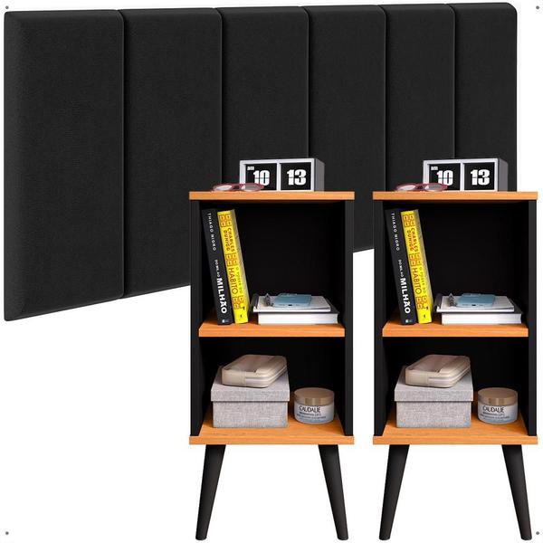 Kit Quarto 2 Mesinhas Charme Preto/Cinamomo Nicho Prateleira Cabeceira Suspensa Julia Preto Suede 1,40 Cama Casal Box - Lojas RPM Imagem de Kit Quarto 2 Mesinhas Charme Preto/Cinamomo Nicho Prateleira Cabeceira Suspensa Julia Preto Suede 1,40 Cama Casal Box - Lojas RPM