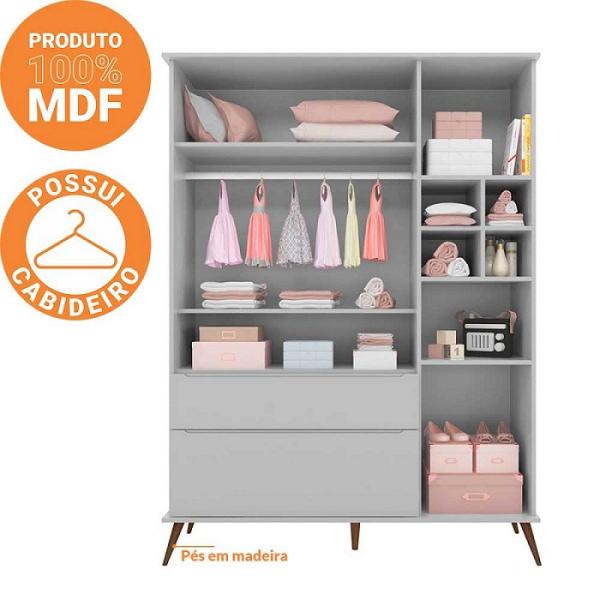 Imagem de Kit Quarto Infantil Bebê Melinda Retrô Com Pés Cômoda Guarda Roupa 3 Portas e Mesa de Apoio Cinza - Phoenix Baby