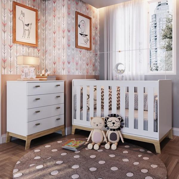 Imagem de Kit Quarto Infantil Conjunto Berço Para Bebê 3 em 1 Mini Cama 3 Regulagens Cômoda 4 Gavetas Branco