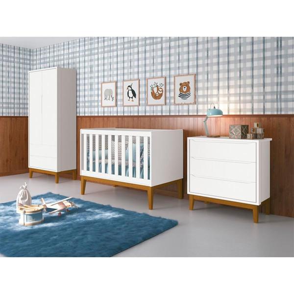 Imagem de Kit Quarto Infantil Theo com Pés Square - Berço + Cômoda 3 Gavetas + Guarda-Roupa - Branco Fosco