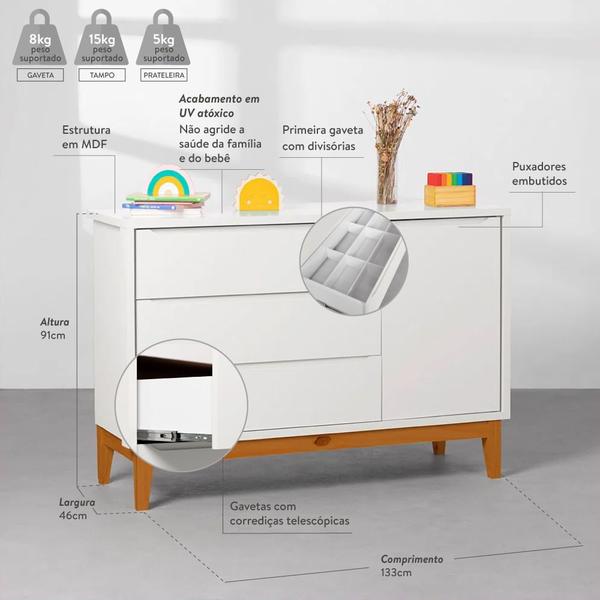 Imagem de Kit Quarto Infantil Theo com Pés Square Mel - Berço + Cômoda 3 Gavetas e 1 Porta + Guarda-Roupa 3 Portas - Branco Fosco