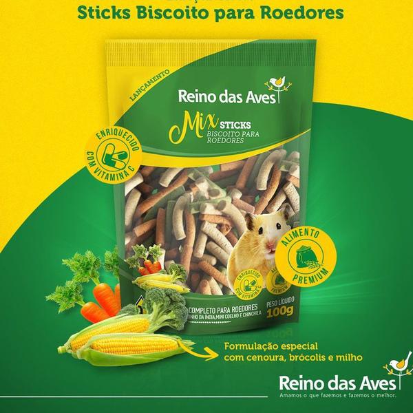 Imagem de Kit Ração Porquinho Da Índia e Mini Coelho 500g + Sticks Biscoito Para Roedores 100g - Reino das Aves