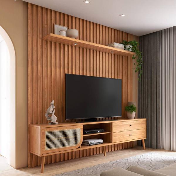 Imagem de Kit Rack + Painel com LED Ripado para TV 228cm com 01 porta com tela Palhinha 100% MDF TB323L Dalla Costa