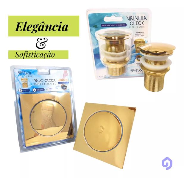 Imagem de Kit Ralo Mais Válvula Click Dourada Banheiro Inox Premium Flvx