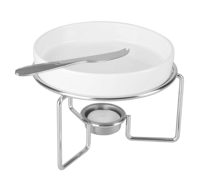Kit rechaud 15 cm para queijo Brie de cerâmica com faca de aço inox e suporte Bon Gourmet - 26373 - Wolff Imagem de Kit rechaud 15 cm para queijo Brie de cerâmica com faca de aço inox e suporte Bon Gourmet - 26373