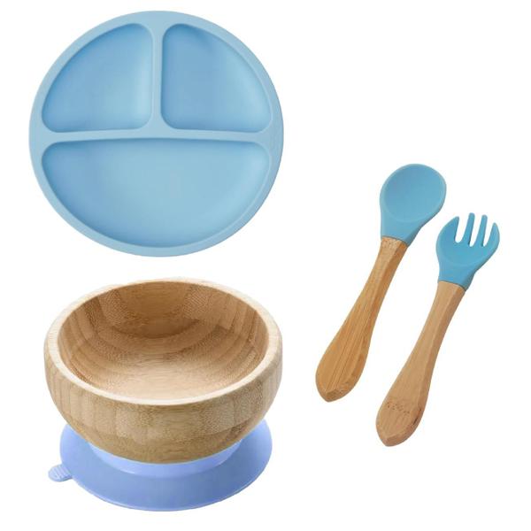 Imagem de Kit Refeição Bebê Silicone E Bambu Azul 4 Peças Introdução