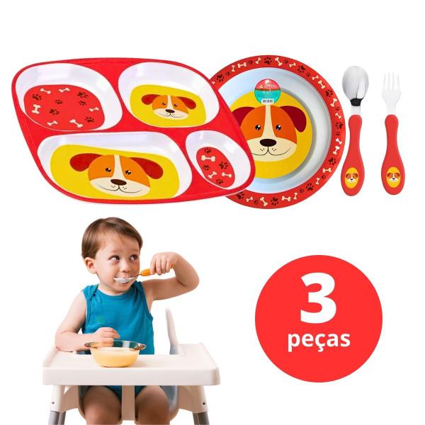 Imagem de Kit Refeição Infantil com 3 Peças Prato com Divisorias Introdução Alimentar Prato Talher Bowl