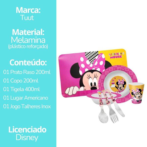 Imagem de Kit Refeição Infantil Minnie 7 Peças Melamina Prato, Tigela, Copo, Lugar Americano e Talheres - Tuut