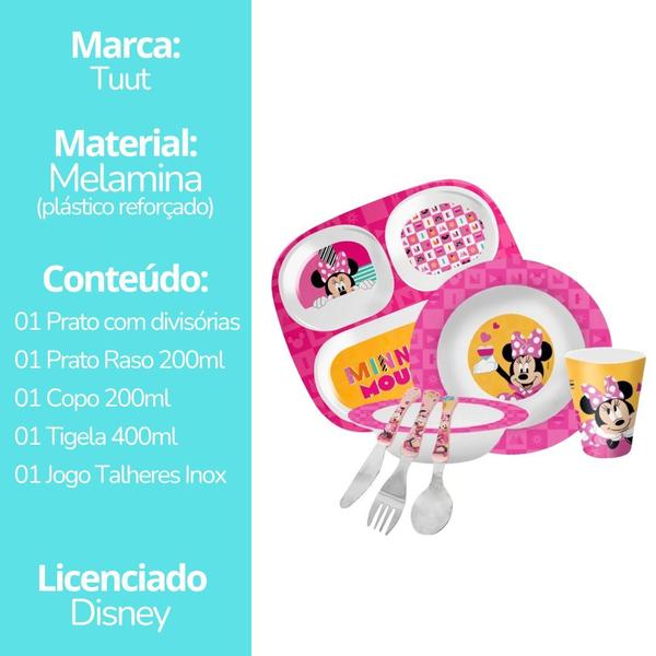 Imagem de Kit Refeição Infantil Minnie 7 Peças Pratos, Tigela, Copo Melamina e Talheres Inox - Tuut