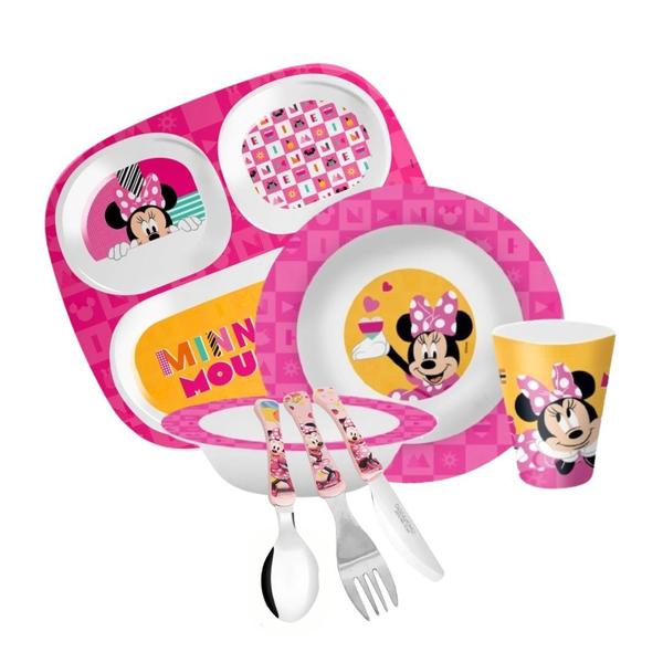 Kit Refeição Infantil Minnie 7 Peças Pratos, Tigela, Copo Melamina e Talheres Inox - Tuut - Yangzi Imagem de Kit Refeição Infantil Minnie 7 Peças Pratos, Tigela, Copo Melamina e Talheres Inox - Tuut