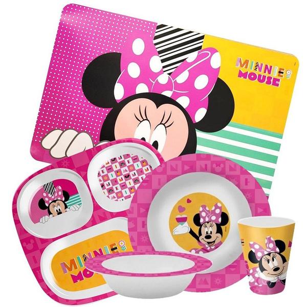 Imagem de Kit Refeição Infantil Minnie Disney 5 Peças Melamina Pratos, Tigela, Copo e Lugar Americano - Tuut