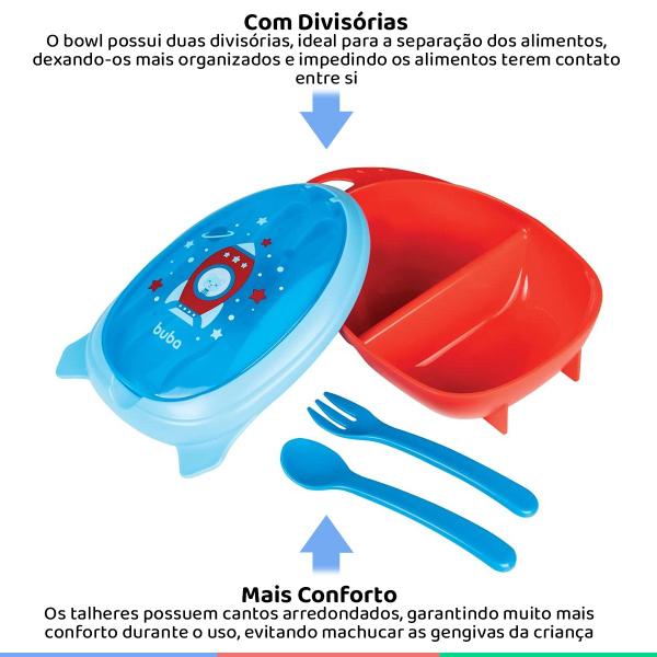 Imagem de Kit Refeição Infantil Para Criança Com Talher Para Introdução Alimentar Foguete Azul Buba