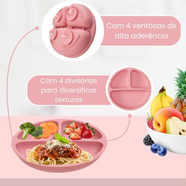 Imagem de Kit Refeição Infantil Silicone Pratinho Ventosas Bowl Talher Bambu Introdução Alimentar Bebê Buba