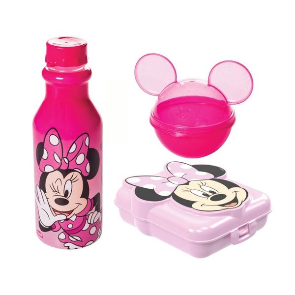 Imagem de Kit Refeição Minnie Garrafinha 500ml, Sanduicheira e Porta Frutas Rosa - Plasútil