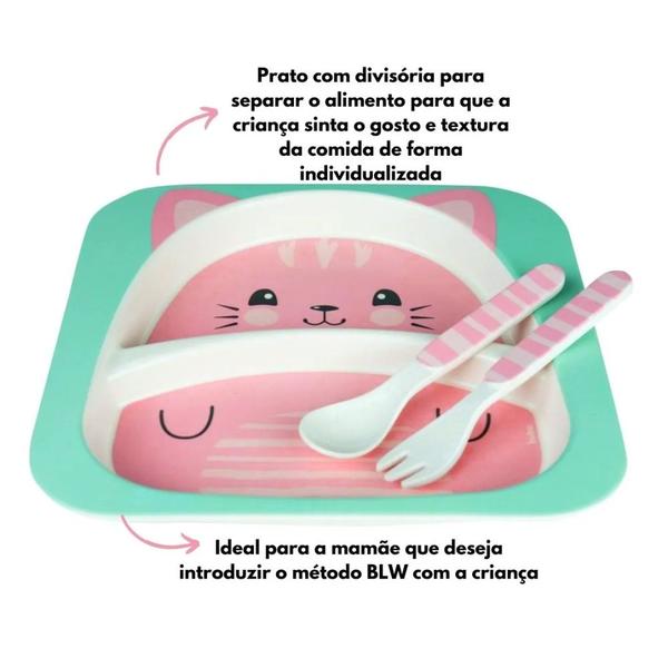 Imagem de Kit Refeição para Bebê em bambu de Gato Prato Bowl Copo e Talher Buba