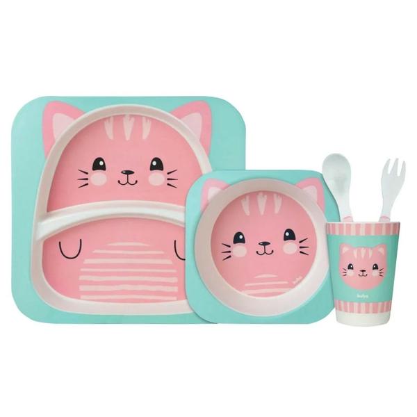 Kit Refeição para Bebê em bambu de Gato Prato Bowl Copo e Talher Buba Imagem de Kit Refeição para Bebê em bambu de Gato Prato Bowl Copo e Talher Buba