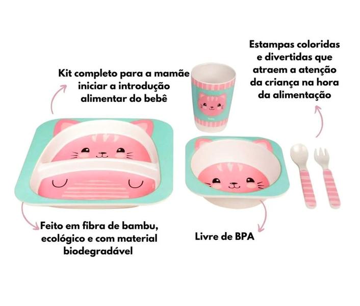 Kit Refeição para Bebê em bambu de Gato Prato Bowl Copo e Talher Buba Imagem de Kit Refeição para Bebê em bambu de Gato Prato Bowl Copo e Talher Buba