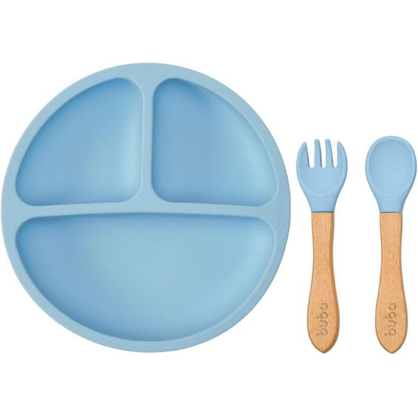 Imagem de Kit refeicao prato com divisoria + talheres silicone azul - buba