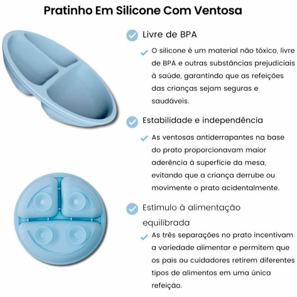 Imagem de Kit Refeiçao Silicone Pratinho Ventosa Talheres  Babador