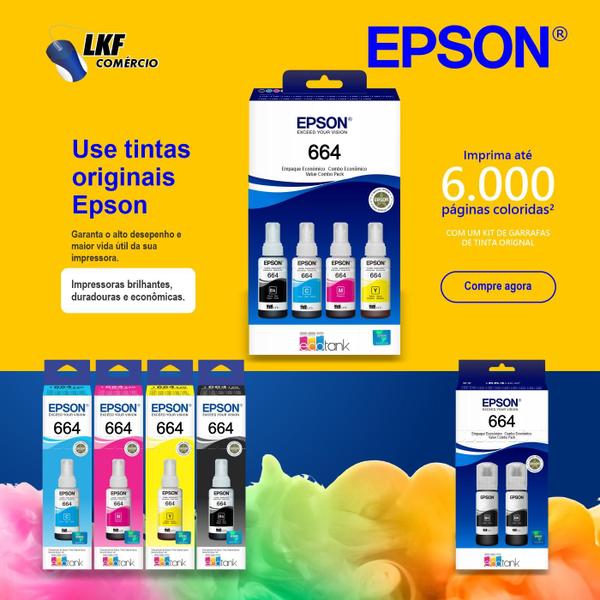 Kit Refil de Tinta 4 Cores Original Epson T664 P/ L121 L200 L220 L300 L310 L355 L365 L375 L395 L396 L455 L475 L555 L1300 Imagem de Kit Refil de Tinta 4 Cores Original Epson T664 P/ L121 L200 L220 L300 L310 L355 L365 L375 L395 L396 L455 L475 L555 L1300