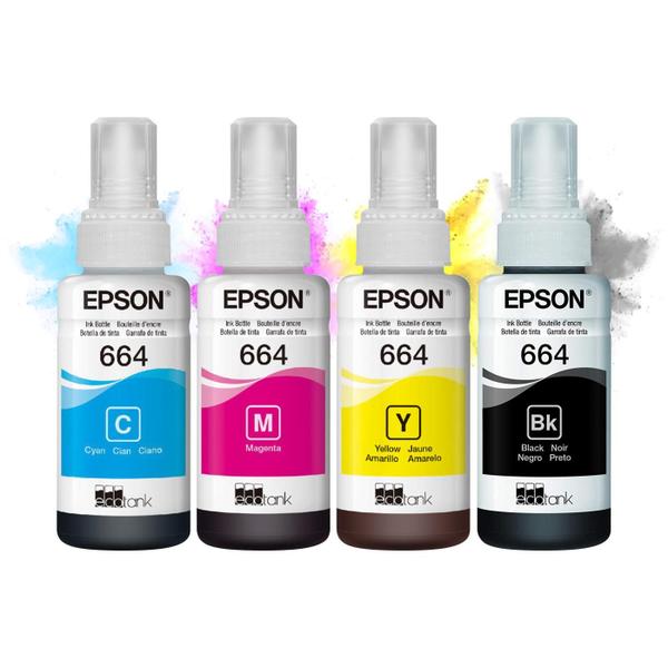 Imagem de Kit Refis de Tinta 04 Cores Originais Epson T664 P/ L121 L200 L220 L300 L310 L355 L365 L375 L395 L396 L455 L475 L555